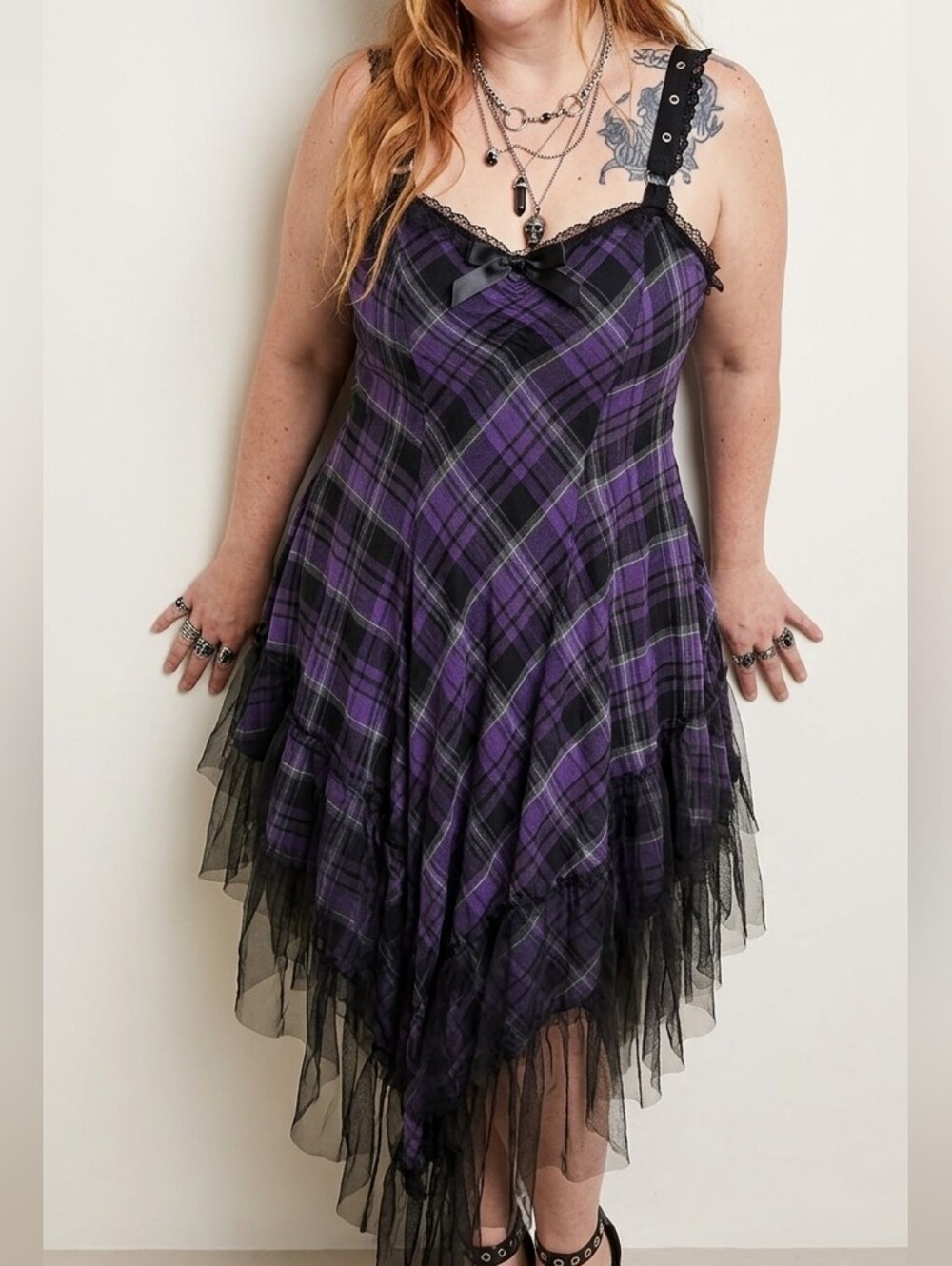 RARE Vintage Lip Service Purple Plaid Ruffle Dress w/Lace Trim & Tuelle, Pockets